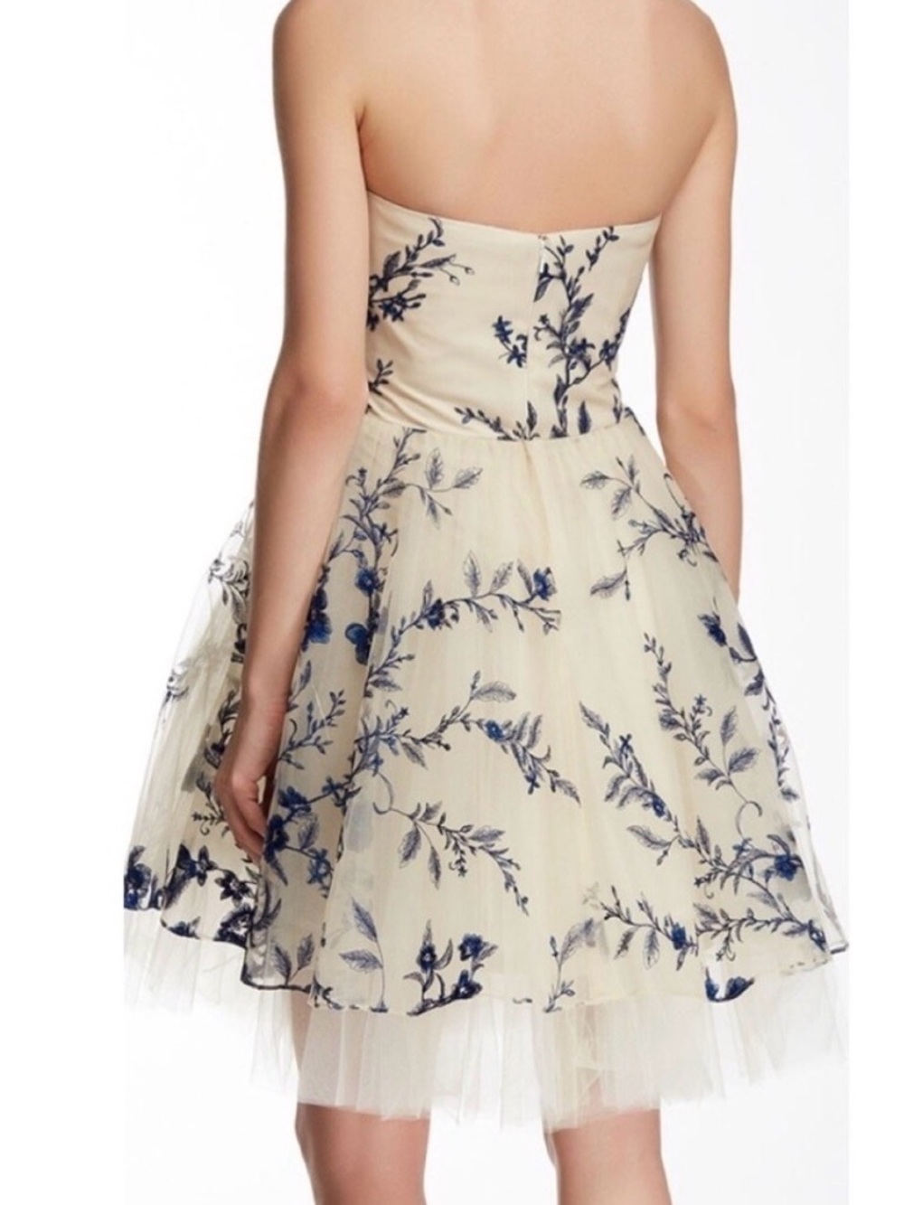 Marchesa NotteStrapless Floral Dress in Cream Tulle with Blue Embroidery - Picture 2 of 10